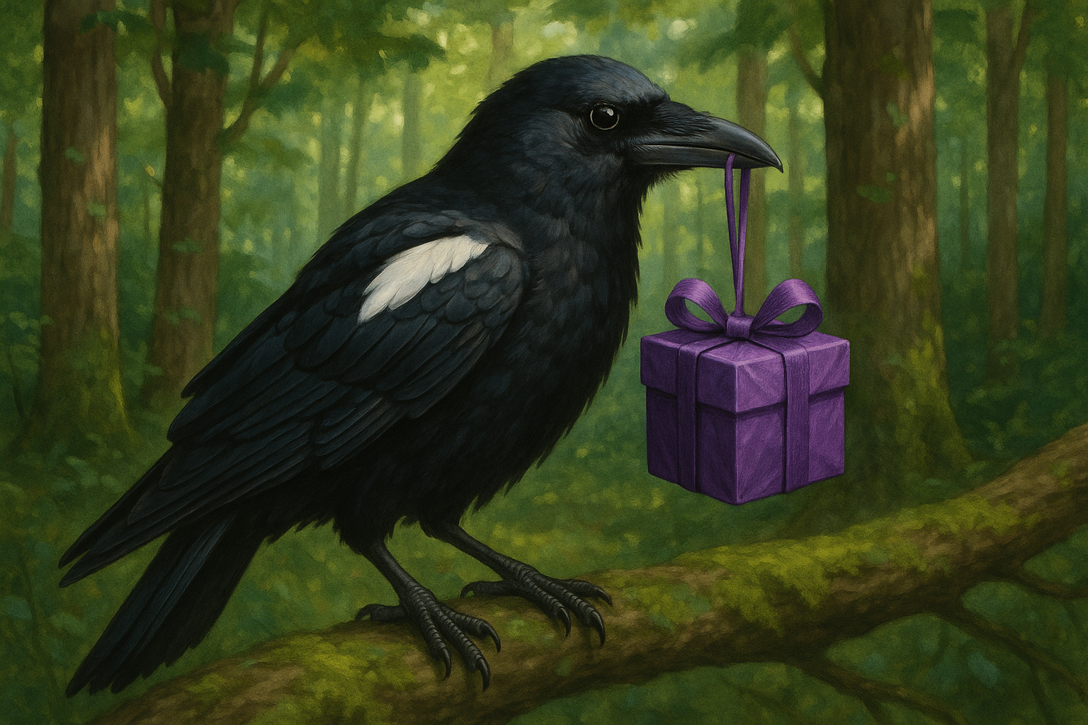 a black crow with one white feather in the forest holding a small purple gift wrapped box by the ribbon